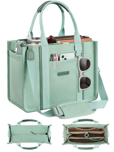 FIORETTO Canvas Tote Bag Purse for Women with Zipper, Multiple Compartments, bottle holder & Reinforced Bottom, Perfect for Nurses & Teachers for Work, Bible Study, Travel & Daily Use Green M