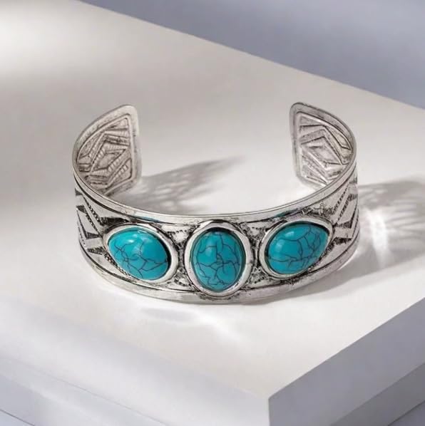 XAM Boho Turquoise Pearl Cuff Bracelet – Adjustable Band, Alloy & Resin Southwest-Inspired for Festival & Daily Wear - Image 4