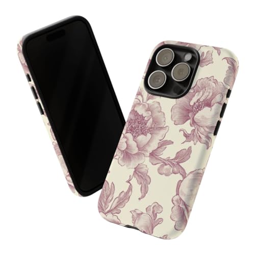 Coque iPhone 15 Pro fleurie bordeaux rigide mate style victorien