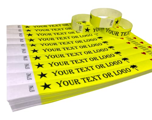 200 Pulseras Amarillo neón Pulseras de Tyvek impresas a medida con su texto o logo personalizado para eventos, fiestas, festivales, identificación