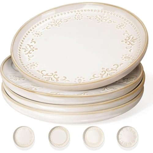 Artena Salad Plates Set Of 4, 8.5 Inch Embossed Small Ceramic Dinner Plates for Appetizer Dessert, Ceramic Coffee Mugs Set of 4, 16oz Embossed Large Latte Mugs Coffee Cups with Handle for Te