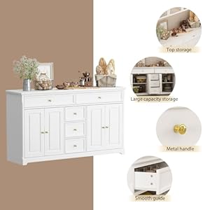 FUFU&GAGA Buffet Cabinet Storage Kitchen Sideboard Farmhouse Buffet Server Bar Wine Cabinet with 5 Drawers & 4 Doors, Console Table for Dining Living Room Cupboard (White) FUFUGAGA Buffet Cabinet Storage Kitchen Sideboard Farmhouse Buffet Server Bar Wine Cabinet with 5 Drawers 4 Doors Console Table for Dining Living Room Cupboard White