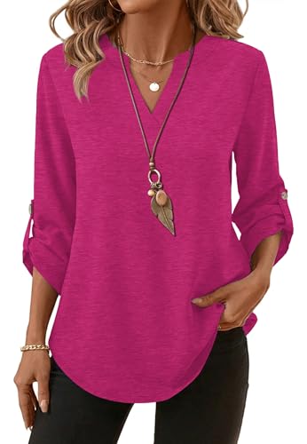 Image of XIEERDUO 3 /4 Length Sleeve Womens Tops V Neck T Shirts Both Side Buttons Blouses Business Casual Outfits Loose Fit