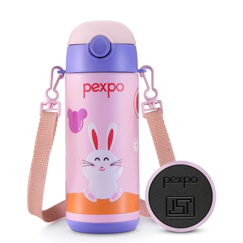 Image of Go24 pexpo Pixy ISI Certified Stainless Steel Water Bottle for School Kids - 300ml | Hot & Cold Vacuum Insulated Flask | Leak Proof | Carry Strap | School, Picnic, Sports - Baby Pink Rabbit