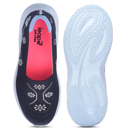 Image of Liberty LEAP7X GLOWSTAR-E Slip-On Sneakers for Women - Peach & Navy Knitted Casual Shoes | Memory Foam Cushioned Insole, Lightweight Slip-On Shoes for Walking, College & Casual Outings