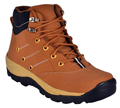 Image of Hiking Boots, Black and Tan, Lace-Up High Ankle, Metal Eyelets, Rugged Outdoor Footwear