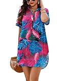 AI'MAGE Women's Swimsuit Coverup V Neck Bathing Suit Cover Up Shirt Short Sleeves Beach Bikini Swimwear Dress(Rose Tropical, X-Large)