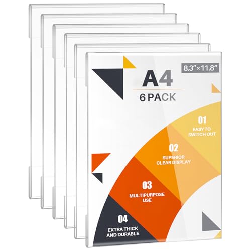 WenYa A4 Acrylic Frame Wall Sign Holder (Portrait, 6-Pack) - Frameless Self-Adhesive Wall Poster Display Frame for Office, Store, Restaurant - No Drilling Needed, Clear Document Holder