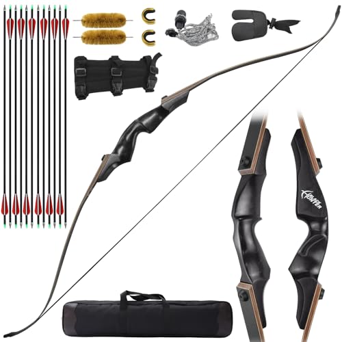 HANDBAIGE Black Hunter Archery Recurve Bow with 12pcs Arrows Take Down Recurve Bow and Arrows Set for Adults Right Hand Bow Kit with Bow Case (50lbs)