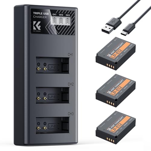 K&F CONCEPT 3 Pack LP E12 Batería 1100mAh y Cargador LCD de 3 Ranuras Compatible con Cámaras Canon EOS M, M2, M10, M50, M50 Mark II, M100, M200, PowerShot SX70 HS, Rebel SL1