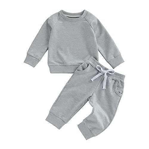 Image of Thorn Tree Toddler Baby Boys Fall Outfits Long Sleeve Pull On Sweatshirt Elastic Waist Pants 2Pcs Solid Clothes Set