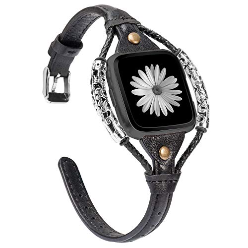 TOYOUTHS Leather Strap Compatible with Fitbit Versa/Versa 2 Bands Women Slim Genuine Leather Wristbands Replacement Versa Lite Special Edition Dressy Handmade Accessories (Black)