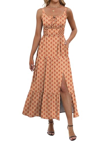 ANRABESS Women Summer Casual Floral Printed Square Neck Sleeveless Straps Elastic Waist Slit Beach Vacation Maxi Dress Print Orange Large