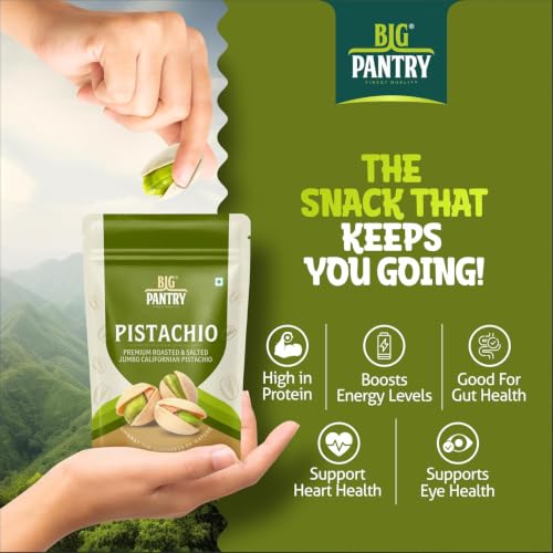 Image of BIG Pantry Premium Roasted & Salted California Pistachios 200g | Jumbo Shelled Pista | Crunchy Protein-Rich Dry Fruits | Gluten Free | Resealable Freshness Pouch (Pack Of 1)