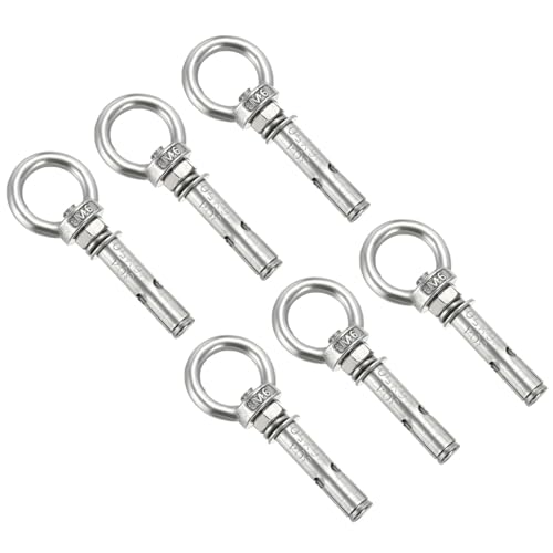 Image of PATIKIL Expansion Eye Bolt M6x50mm, 6 Pack 304 Stainless Steel Shoulder Anchors Eyebolt Screw with Eye Ring for Concrete Brick Walls Canopy Engineering Rigging Silver