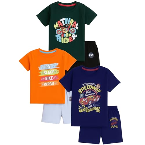 Image of EIO Boys Cotton Printed Dress Clothing Set Combo with Tshirts & Shorts-Pack 3