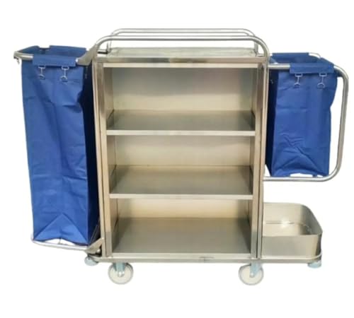 Image of Shoppers Hub PNQ SS Housekeeping Trolley with Double Sided Removable 1 Half + 1 Full Washable Bags with Clips & 3 Compartments for Heavy Duty Use in Hotels & Resorts.(Size:140cmL*45cmB*120cmH)