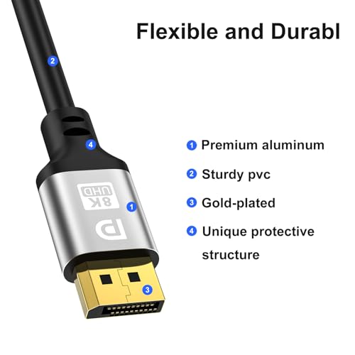 jojobnj DisplayPort Cable 3.3FT, DP 2.1 Cable, 32.4Gbps High Speed, DP to DP Support 8K@60Hz 4K@144Hz, Gold-Plated Connector, DisplayPort Cord for Monitor, PC, Laptop, Gaming setups by jojobnj - Image 7