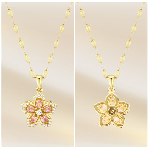 Image of Zibuyu Dainty Flower Chains for Women Stylish Rotatable Blossom Pendant | Necklace for Women, Stainless Steel Adjustable Golden Redbud Flower Choker Jewelry Gift
