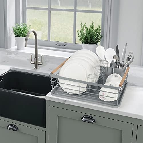 Vinsani Deluxe Dish Drainer Drying Rack with Wooden Handles Drip Tray Draining Board and Removable Cutlery Holder, Minimalist Dish Rack, 42.5 x 30.5 x 14cm (Grey)