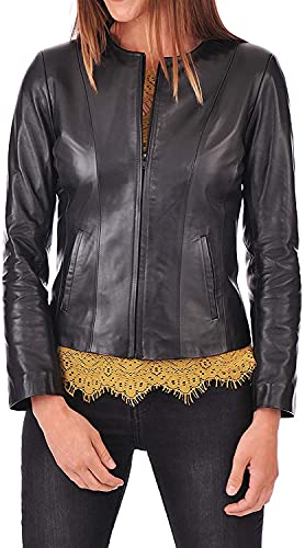 100% Leather Jacket For Women - Collarless Deep Neck & Slim Fit - Moto, Bomber, Biker Winter Casual Wear (Black, L) #TOP1