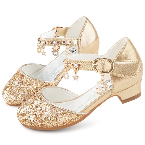 Stelle Girls High Heels Sequins Dress Sandals Princess Dress Shoes Flower Wedding Party Shoes (T20-Gold2 13ML)