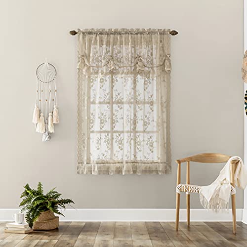 No. 918 Alison Floral Lace Sheer Rod Pocket Window Tie-Up Shade, 58" X 64", Stone #TOP1