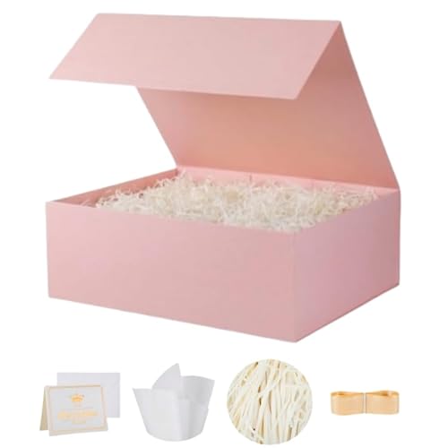 UoeRing 1 Pcs Pink Gift Box 9.5x6x3 inch Small Luxury Gift Box for Presents with Magnetic Lid Collapsible,Birthday,Christmas,Contains Card, Ribbon, Tissue Paper,Shredded Paper Fille