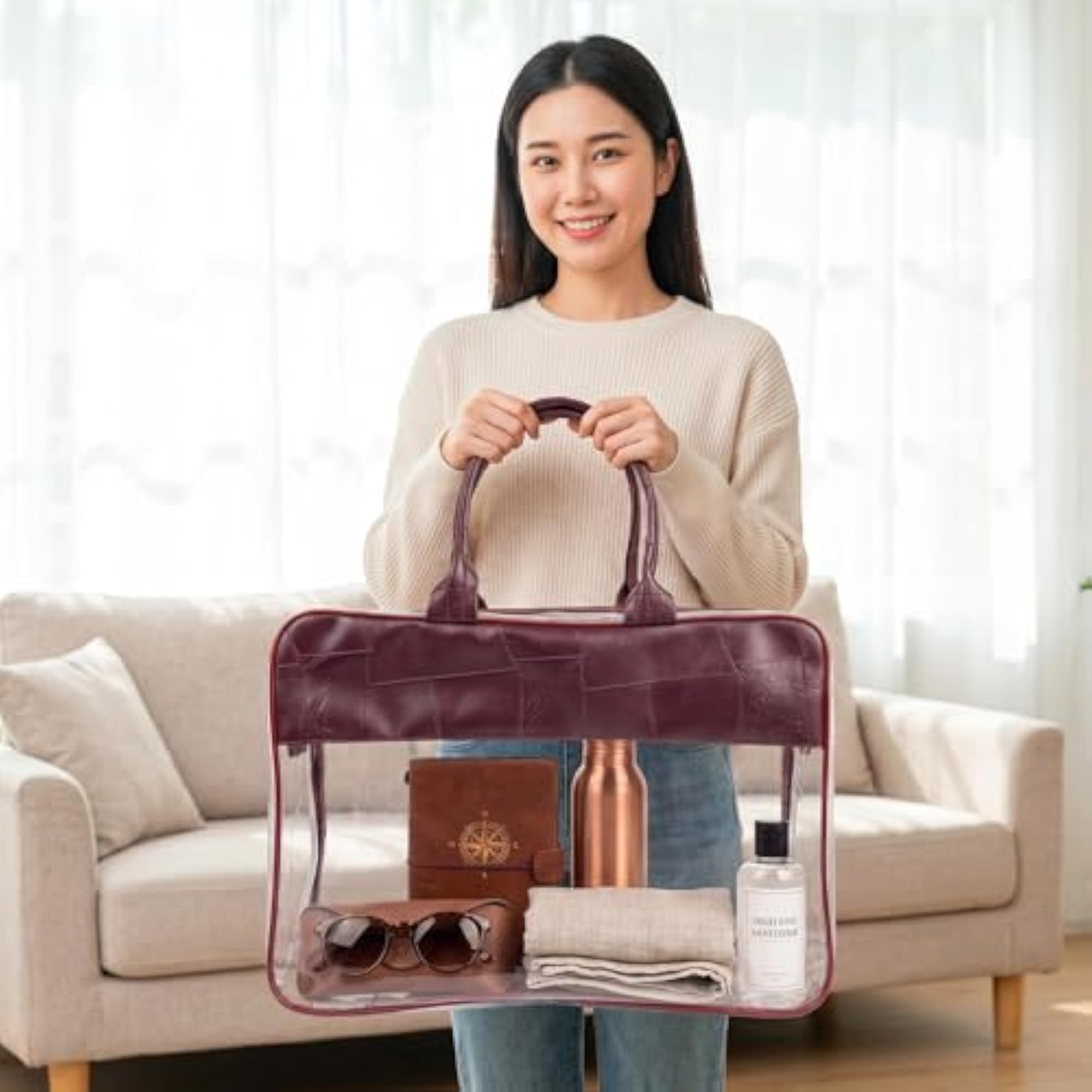 Clear Tote Bag with Leather Handles for Travel Organising