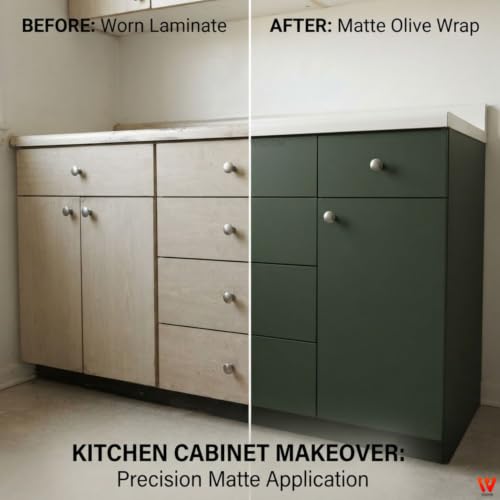 Image of WISDOM Olive Green Matte Self Adhesive Wallpaper for Furniture & Cabinets Peel and Stick Waterproof Easy to Clean & Durable For Kitchen Cabinets, Wardrobes, Tables, Drawers & Smooth Surfaces(20x48 In)
