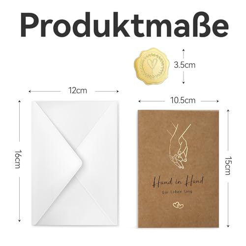 YISCOKO Karte Hochzeit Hochzeitskarte 10.5 * 15cm Glückwunschkarte Hochzeit Hergestellt aus hochwertigem Kraftpapier mit Goldfolienprägung-Hand in Hand-inklusive Umschlag und Goldfolienaufkleber