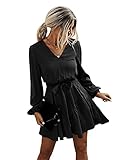 DIDK Damen A Linie Minikleid V-Ausscnitt Langarm Skaterkleid Laternenärmeln Freizeitkleid Kurz Kleider mit Gürtel Schwarz M