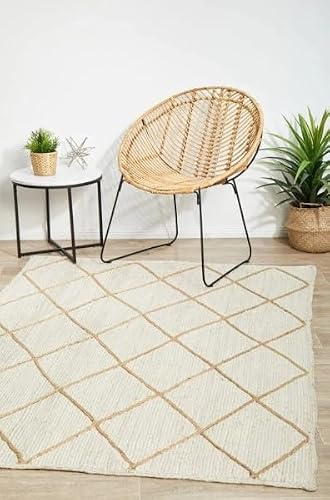 Jute Area Rug, Diamond Pattern, Beige and White (2.6' x 4')
