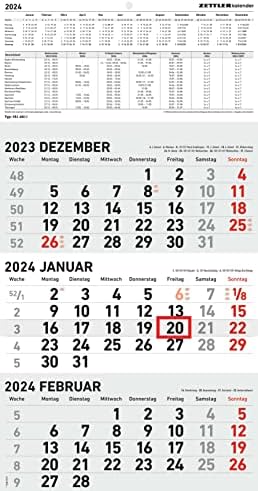 ZETTLER 3 Monatskalender 2024, im Format 23,7 x 44,8 cm, schwarz/rot, Monatsplaner mit Datumschieber, Bürokalender
