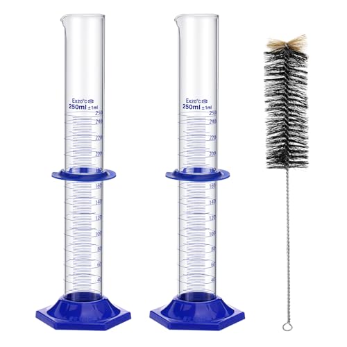 creahub 2 Pcs Glass Graduated Cylinder 250 ml Measuring Cylinder Lab Cylinders with A Cleaning Brush Borosilicate Glass Thick Glass Lab Glassware for Liquid Measuring