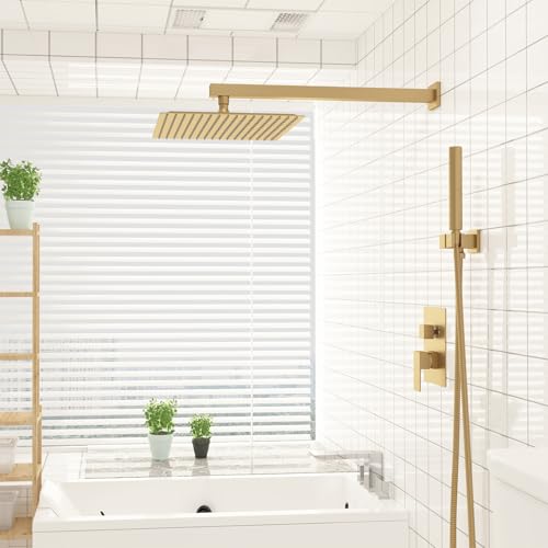 BESy Shower System with 12 Inch Rain Shower Head and Handheld Wall Mounted, High Pressure Rainfall Shower Faucet Fixture Combo Set with 2 in 1 Handheld Showerhead for Bathroom, Brushed Gold by BESy - Image 8