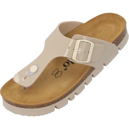 Palado Zehentrenner Damen Kos PL Lack gefertigt in Spanien Plateau-EVA-Sohle glänzende Lackoptik Weichfußbett Veloursleder-Decksohle Beige UK3 5 - EU36