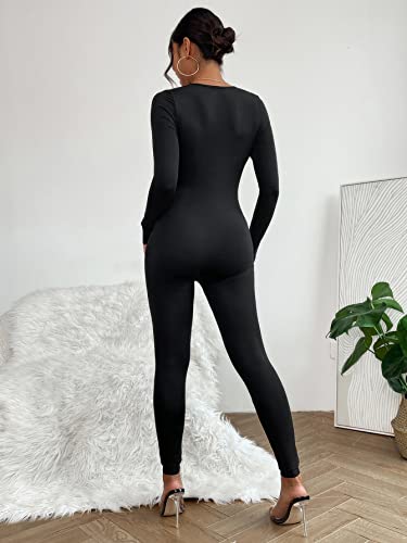 Soly Hux Women's Scoop Neck Long Sleeve Bodycon One Piece Unitard Jumpsuit Romper Full Suit Pure Black Petite Xxs #TOP3
