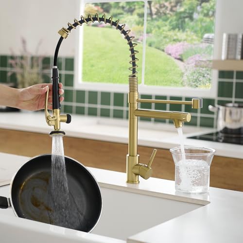 Image of Fapully Commercial Brushed Gold Kitchen Faucet with Pull Down Sprayer