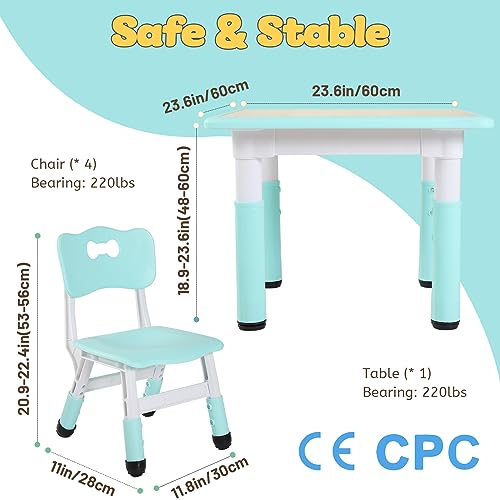 Image of FUNLIO Kids Table and 4 Chairs Set, Height Adjustable Toddler Table and Chair Set for Ages 3-8, Easy to Wipe Arts & Crafts Table, for Classrooms /Daycares /Homes, CPC & CE Approved (5-Piece Set) - Green