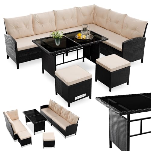 Juskys Salon de Jardin Lounge Manacor en polyrotin Noir - avec canapé, Table, 2 tabourets & Coussins - Ensemble de Meubles pouvant accueillir jusqu'à 7...