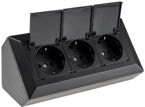 ChiliTec Steckdosenblock 3-Fach Mehrfachsteckdose mit Klappdeckel 230V Steckdose für Küche Büro Werkstatt Schwarz