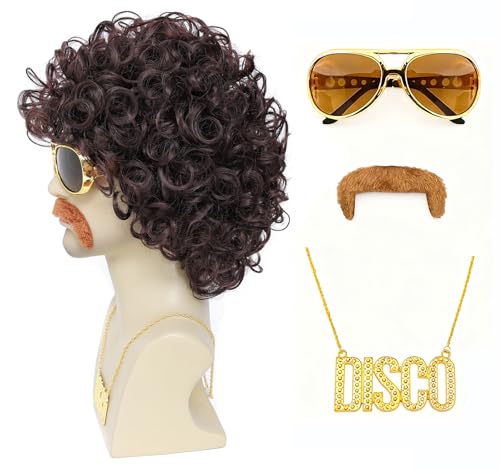 Image of Mens Short Afro Wig,70s Outfits for Men,70s Wigs for Men,Pelucas Para Hombres,80s Disco Costumes wig (Medium Brown)