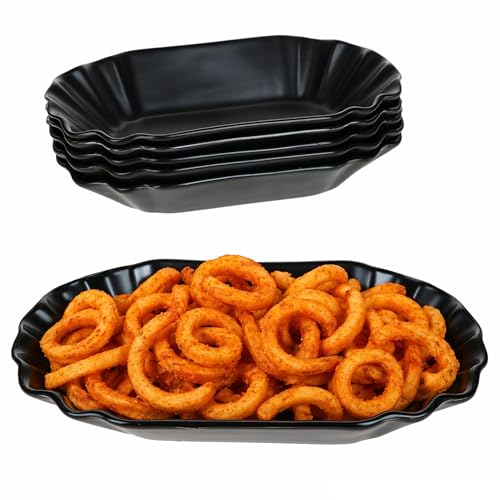MamboCat 6er Set Black Fries Pommesschale I ovale matt Schwarze Currywurstschale aus Porzellan I Snackteller mit Relief f&uuml;r Beilagen, W&uuml;rstchen, Pommes & Nuggets I Servierteller