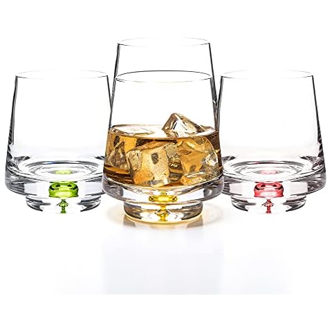 LEMONSODA Crystal Bubble Base Whiskey Glass in 4 Colors - Set of 4 - Thick Weighted Bottom - Identify Your Drink Easily with Color Markers Cover