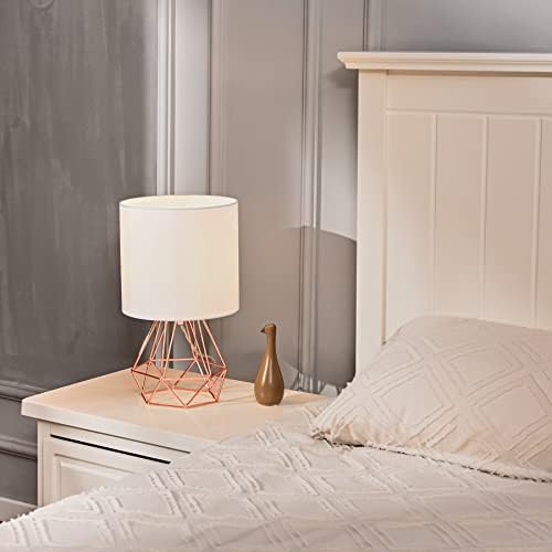 VONLUCE Modern Table Lamp with Hollowed Out Base, Metal Wire Cage Base Rose Gold Desk Lamp with White Fabric Shade for Living Room Bedroom Dining Room