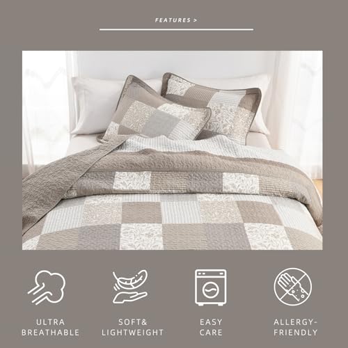 VatinHK 100% Cotton Oversized Queen Bedspread 120"x102" Extra Wide Quilt - 3 Pieces Farmhouse Patchwork Plaid Oversized Bedspread Set, Lightweight Reversible Bedding Coverlet Set, Brown/Gray/Beige — view 6
