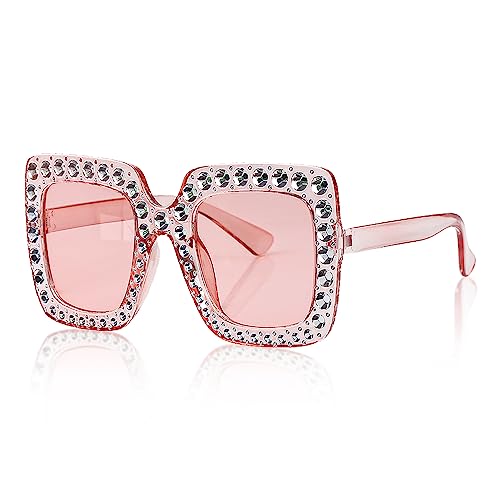 Jagowa 1 Piece Rhinestone Square Sunglasses Large Frame Crystal Sunglasses Dress Costume Accessories for Women (Pink)