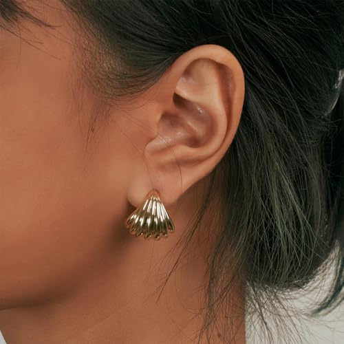 Free bird 14K Gold Plated Chunky Earrings for Women Trendy Gold Shell Earrings Textured Minimalist 925 Sterling Silver Post Chunky Gold Earrings2