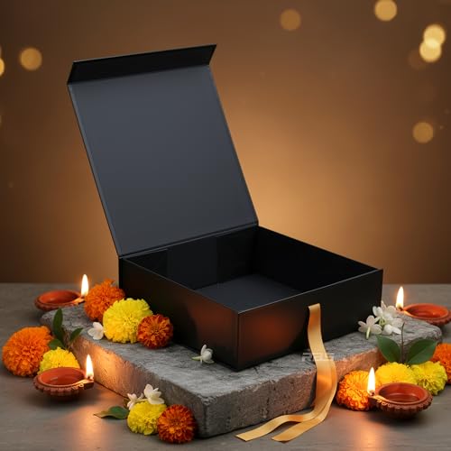 Image of RBS- LARGE Gift Boxes (34 x 33 x 10cm) Gift boxes for Packaging (1 Pack) Hamper Boxes for Gift Holds Upto 10 kg Gift Packing Box for Gifting Hamper Box (L - Black Gold Floral)
